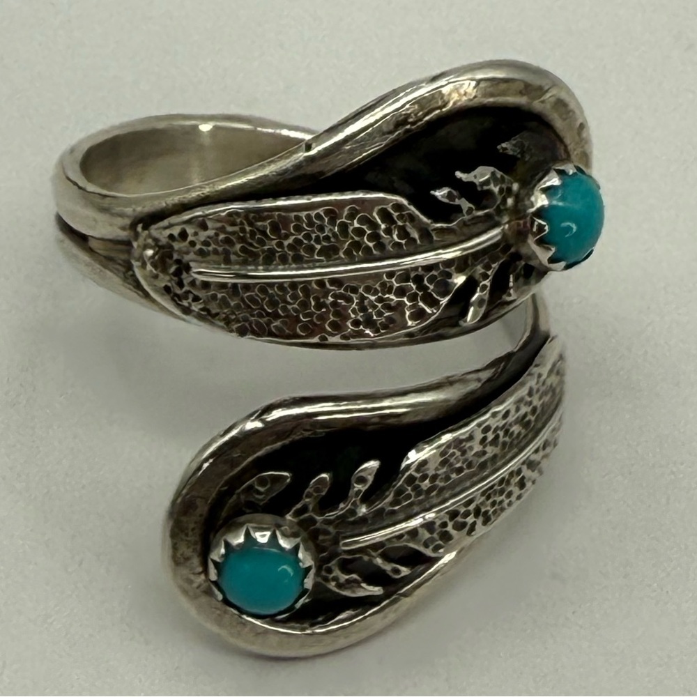 Navajo Sterling Silver Feather Wrap Ring by Etta Berim Twin Turquoise Cabochons - Picture 7 of 14